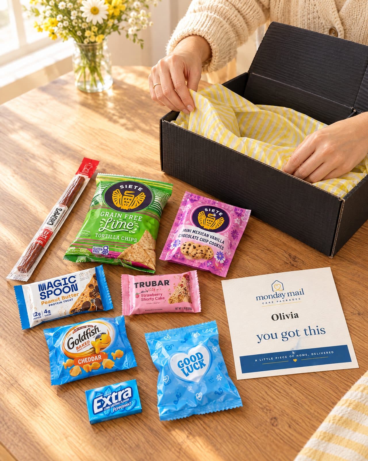 Hands tucking yellow pinstripe tissue into a Monday Mail box at a kitchen table, snacks and a card for Olivia laid out beside it